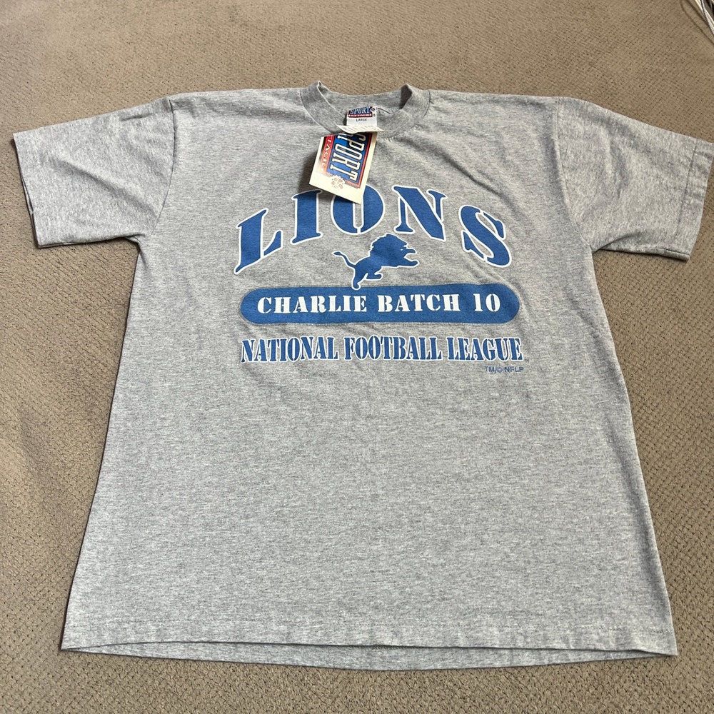 Vintage 1999 Detroit Lions Charlie Batch #10 NFL T-Shirt Sport Attack Grey L NWT